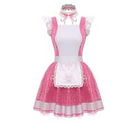 Fldy Robe de servante à paillettes pour femme - Costume de cosplay Lolita - Robe tablier et collier - Pour fête à thème, carnaval - Rose - Taille XL