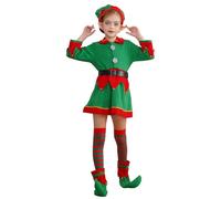 Fldy Robe d'elfe de Noël pour fille - Avec oreilles d'elfe - Chapeau d'elfe de Noël - Bas - Chaussures - Ceinture - Ensemble de 6 pièces - Pour fête de Noël - Vert - 110-116