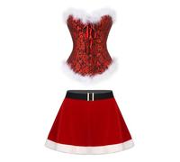 Fldy Tenue de Noël pour femme - Corset sur poitrine complète et mini jupe patineuse - Ensemble de 2 robes Miss Santa - Nuisette - Tenue de fête de Noël - Noir et rouge - Taille S