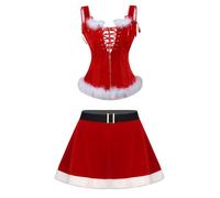 Fldy Tenue de Noël pour femme - Corset sur poitrine complète et mini jupe patineuse - Robe Miss Santa - Nuisette - Nuisette - Tenue de fête à Noël - Corset à bretelles - Taille XL