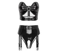 Fldy Top Court En Cuir Synthétique Pour Femmes Avec Découpes Et Culotte Ouverte Avec Attaches Pour Bas En Latex Brillant Pour Club Noir XL