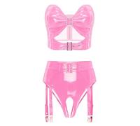 Fldy Top Court En Cuir Synthétique Pour Femmes Avec Découpes Et Culotte Ouverte Avec Attaches Pour Bas En Latex Brillant Pour Club Rose S