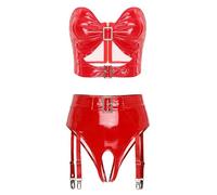 Fldy Top Court En Cuir Synthétique Pour Femmes Avec Découpes Et Culotte Ouverte Avec Attaches Pour Bas En Latex Brillant Pour Club Rouge XXL