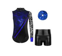 Fldy Unitard De Gymnastique Pour Filles À Une Épaule Manches Longues En Dentelle Patchwork Unitards De Danse Tenues Sportives Bleu royal noir 5-6 ans