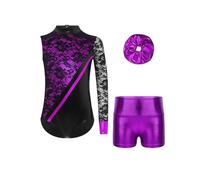 Fldy Unitard De Gymnastique Pour Filles À Une Épaule Manches Longues En Dentelle Patchwork Unitards De Danse Tenues Sportives Violet 15-16 ans