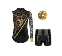 Fldy Unitard De Gymnastique Pour Filles À Une Épaule Manches Longues En Dentelle Patchwork Unitards De Danse Tenues Sportives Or Noir 9-10 ans