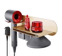 FLE Support mural pour sèche-cheveux avec étagère, support mural doré compatible avec sèche-cheveux Dyson Supersonic, diffuseur, deux buses, prise d'alimentation..