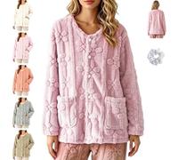 Fleece Bed Jacket Women Floral Warm Pajama Coat Button Front with Pockets | soft plush flannel with textured crew neck for winter sleepwear, cozy lounge nights