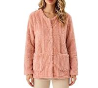 Fleece Bed Jacket Women Floral Warm Pajama Coat Button Front with Pockets | soft plush flannel with textured crew neck for winter sleepwear, cozy lounge nights