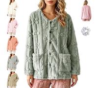 Fleece Bed Jacket Women Floral Warm Pajama Coat Button Front with Pockets | soft plush flannel with textured crew neck for winter sleepwear, cozy lounge nights