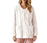 Fleece Bed Jacket Women Floral Warm Pajama Coat Button Front with Pockets | soft plush flannel with textured crew neck for winter sleepwear, cozy lounge nights
