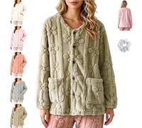 Fleece Bed Jacket Women Floral Warm Pajama Coat Button Front with Pockets | soft plush flannel with textured crew neck for winter sleepwear, cozy lounge nights