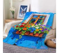Fleece Blanket Throw - Blue Flower Window sill Versatile Soft Warm Blankets Fluffy Throws for Sofa Couch Single Size, Cozy Solid Bed Travel 100x130cm