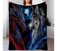 Fleece Throw Blanket for Sofa - Fluffy Cosy Warm Blankets for Bed, Soft Dragon and Wolf King Throw Gifts for Boys and Girls, Off White, 200 X 240 Cm Blue-Gray Wild Fantasy Animals