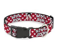 Fleischer Studios, Inc. Collier pour chien avec boucle en plastique, Betty Boop assise jambe assise Kick Pose Texte Cœurs Rouge/blanc/noir, 24,5 à 36,8 cm de large