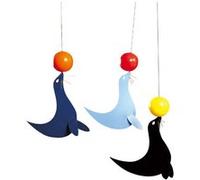 Flensted Mobile en film sérigraphié en bleu, rouge, jaune, orange, motif lions de mer, Ole Flensted, dimensions : 51 x 35 cm, 088