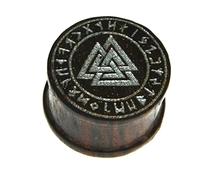 Flesh Plug en bois Viking Valknut avec runes, écarteur nervuré en bois de sono marron avec gravure laser Argenté 10 mm à 14 mm