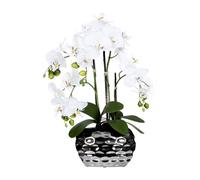 Fleur artificielle orchidée phalaenopsis 4 pousses 55 cm blanc dans vase ovale argenté 20x11x13 cm