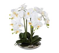 Fleur artificielle orchidée phalaenopsis 4 pousses dans bol céramique argenté 41 cm blanc