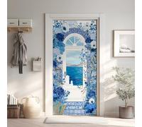 Fleur Bleu Effet 3D Sticker Porte, Arche Blanc Papier Autocollant Porte Mural Décoration, Grèce Stickers Muraux Amovible PVC 77x200 cm 5Yl167