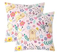 Fleur Chien Holding Taie D'Oreiller Enfant 60x60 Lot de 2 Rose Chien Holding Taie D'Oreiller Set Cartoon Animal Housse de Coussin,Belle Plante Golden Retriever Chien Chiot Canapé Carré Taie D'Oreiller
