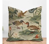 Fleur Chinoise Aqua Lotus Et Duck Garden Green Water Lily Taie d'oreiller Luxe Housses De Coussins Decorative Housse Coussin pour Chambre Canape Intérieur 45X45Cm