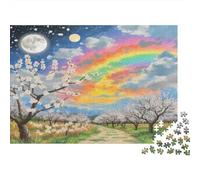 Fleur d’abricotier Papier Cerisiers en Fleurs avec Lune et Arc-en-Ciel sur Le Chemin Kit Puzzle Cadeau d’Anniversaire d’entraînement cérébral 52x38cm/1000 pièces