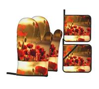 Fleur de Coquelicot,Gants de Cuisine antidérapants et maniques (Lot de 4), résistants à la Chaleur.