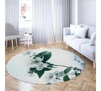 Fleur de Jasmin imprimé Tapis Rond Fleurs Blanches et Feuilles Vertes Tapis de Sol Lavable antidérapant à Poils Ras pour Chambre Salon 80cm