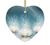 Fleur de lotus blanche en céramique en forme de cœur, décoration à suspendre double face en porcelaine blanche avec ficelle dorée pour sapin de Noël, maison, magasin, décoration de vacances