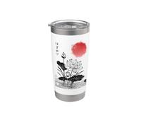 Fleur de Lotus Japonaise Sumi-e Encre Art Soleil Rouge Zen Illustratio Gobelet isotherme en acier inoxydable double paroi