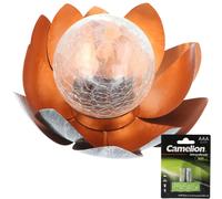 Fleur de lotus solaire décorative en métal avec boule en verre - lumière blanche chaude agréable - effets lumineux de rêve - aspect de verre brisé avec 2x accumulateurs de rechange
