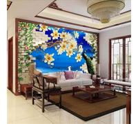 Fleur De Paon Vigne Mur De Briques Fleur Fraîche Et Belle Papier Peint 3D Installation Facile Intissé Tapisserie Bureau Salon Canapé Chambre Décoration Murale-430cm×300cm