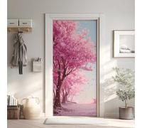 Fleur de Pêche Effet 3D Sticker Porte, Manga Japon Asiatique Papier Autocollant Porte Mural Décoration, Bande Dessiné Stickers Muraux Amovible PVC 77x200 cm