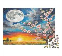 Fleur de pêcher Papier épais Cerisiers en Fleurs avec Lune et Coucher de Soleil sur Le Champ Puzzle pour Seniors Cadeau Secret de Noël Relaxant 70x50cm/1000 pièces