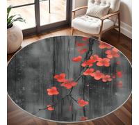 Fleur de Prunier Rouge Style Encre Tapis Rond 160 cm Intérieur & Extérieur Doux Antidérapant Lavable en Machine, Noir Tapis Décoratif de Style Moderne pour Salon Chambre Salle à Manger