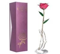 fleur de rose plaquée or 24 carats, rose avec des feuilles vertes, décoration cadeau pour la Saint-Valentin avec base