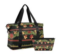 Fleur de Style Tropical Jaune Rouge et Vert Gym Tote Bag Weekender/Nuit Duffel avec Sangle Réglable pour Voyage 2 Pcs Set, Fleur de Style Tropical Jaune Rouge et Vert, 1 Size, Fleur de style tropical