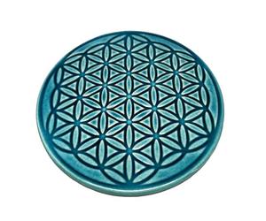 Fleur de Vie Dessous de Plat en céramique. Accessoire de décoration intérieure pour la spiritualité, la méditation, l'équilibre énergétique. (Bleu)