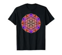 Fleur de Vie Géométrie Sacrée sur Mandala Flamme Bleu Orange T-Shirt