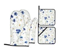 Fleur dessinée à la Main,Gants de Cuisine antidérapants et maniques (Lot de 4), résistants à la Chaleur.