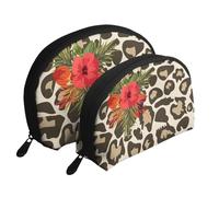 Fleur d'hibiscus léopard, Trousse de Maquillage Coquille Femme Petit Porte-Monnaie Trousse de Toilette Trousse à cosmétiques 2 pièces
