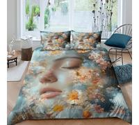 Fleur Face Art Ensemble De Literie 3 Pièces 3D Imprimée Hypoallergique Dreamy Floral Portrait Housse de Couette avec 2 x Taies d'oreiller Respirante for Chambre à Coucher Super King（260x220cm）