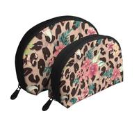 Fleur Léopard Vintage Imprimée, Trousse de Maquillage Coquille Femme Petit Porte-Monnaie Trousse de Toilette Trousse à cosmétiques 2 pièces