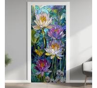 Fleur Lotus Marguerite Stickers pour Papier Peint PVC Imperméable, Étang Porte Autocollants 3D Trompe L'Oeil, Jungle Plante Poster de Porte Amovible 63x205 cm