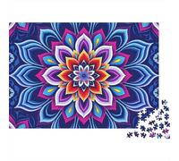 Fleur Mandala Difficile 1000 pièces Puzzle Adultes Mandala Géométrique Bleu Audacieux Premium Épais Robuste Haute Qualité Vibrant Défi Anti-Stress 70x50cm/1000pcs
