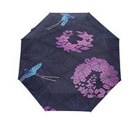 Fleur Pourpre D’Oiseaux Bleus Parapluie Pliant Ouverture et Fermeture Automatique Protection UV Parapluies Pliant Coupe-Vent Ultra-léger pour Voyager Plage Femmes Enfants Fille