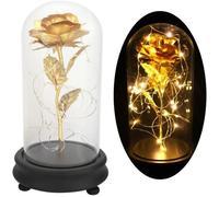 Fleur Rose Plaquée Or 24K Éternelle Enchantée Sous Dôme en Verre avec Lumière LED - Cadeau de Mariage