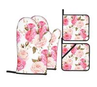 Fleur Rose Rose,Gants de Cuisine antidérapants et maniques (Lot de 4), résistants à la Chaleur.