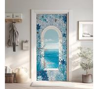 Fleur Sauvage Bleu Effet 3D Sticker Porte, Style Méditerranéen Papier Autocollant Porte Mural Décoration, Bleu Porcelaine Stickers Muraux Amovible PVC 77x200 cm 5Yl172